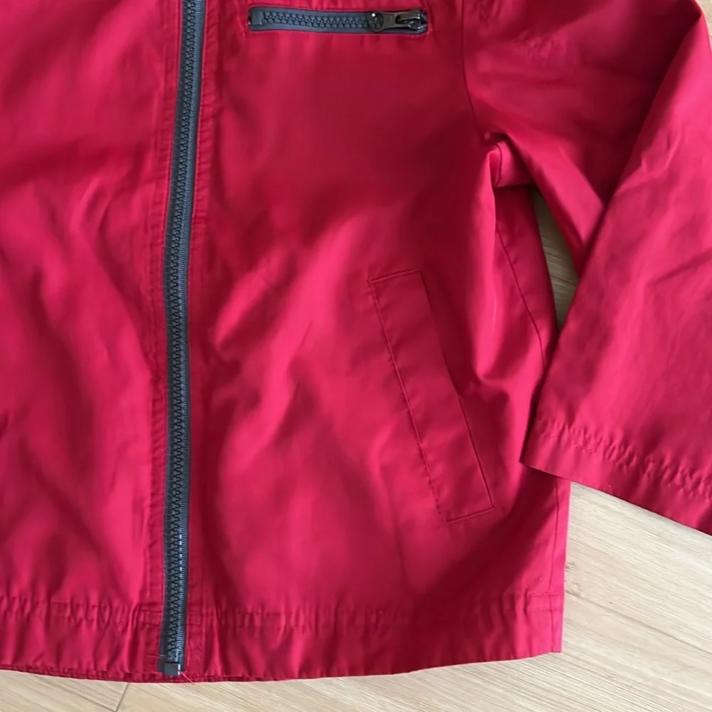 BOYS LINED RED HOODED JACKET WINDBREAKER RAISED COLLAR SZ S (4-5)
